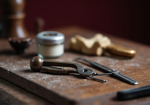 Zbliżenie na precyzyjne narzędzia introligatorskie na ciemnym tle